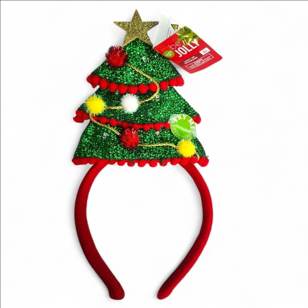 Be Jolly Christmas Tree Light-Up Headband – Glitter & Pom Details – New With Tag